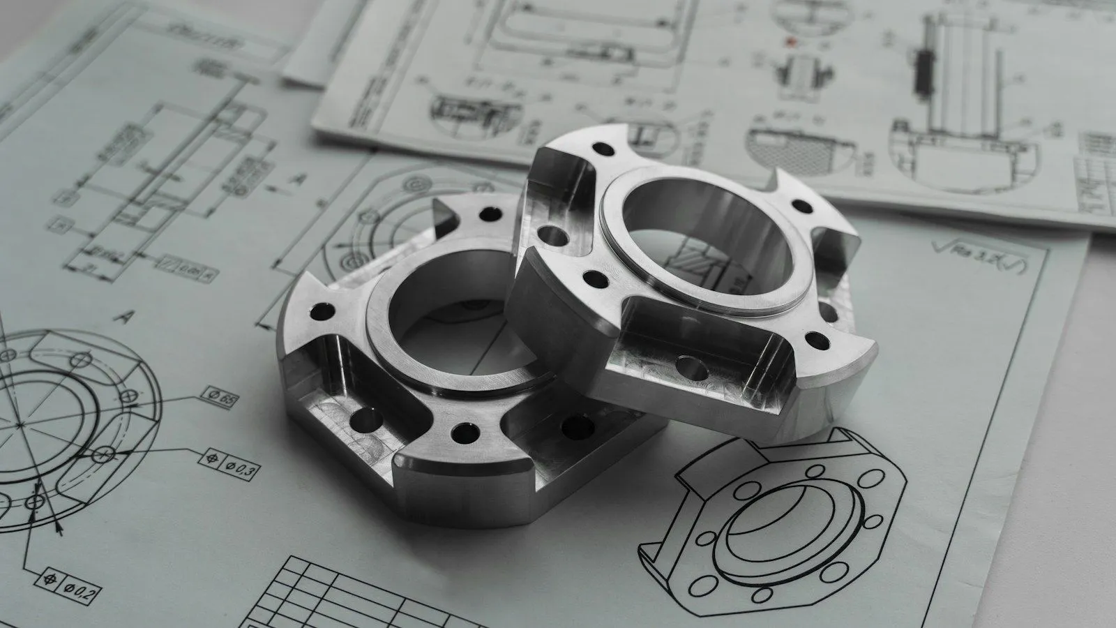Dos piezas maquinadas sobre sus planos de fabricación
